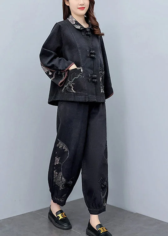 Vintage Black Peter Pan Collar Print Denim Coats And Pants Two Pieces Set Fall