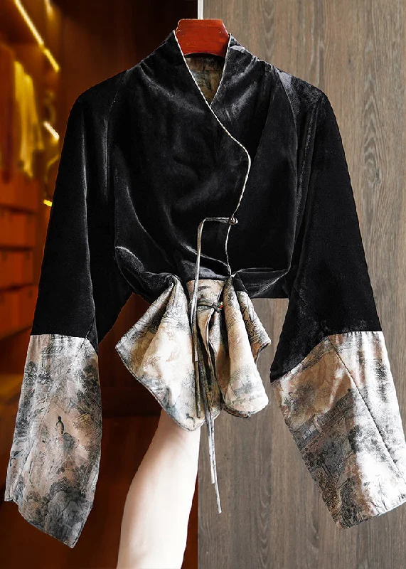 Vintage Black Tasseled Print Patchwork Silk Velour Coats Fall