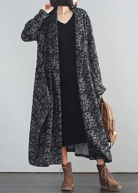 Vintage Black V Neck Print Button Trench Coats Fall