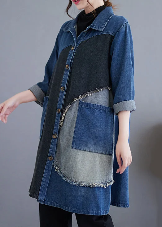 Vintage Blue Button Pockets Patchwork Denim Trench Coat Fall