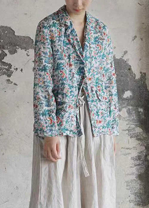 Vintage Blue Button Print Patchwork Cotton Coats Fall