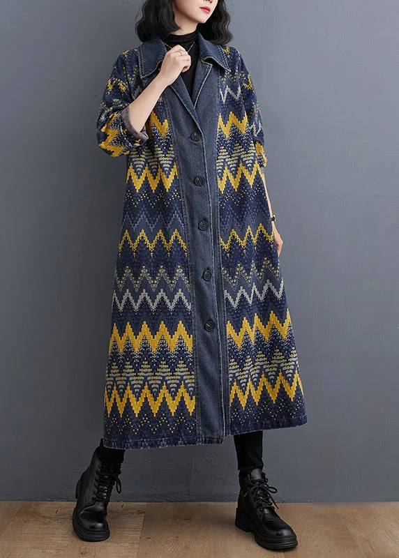 Vintage Blue Peter Pan Collar Print Button Denim Long Trench Coat Fall