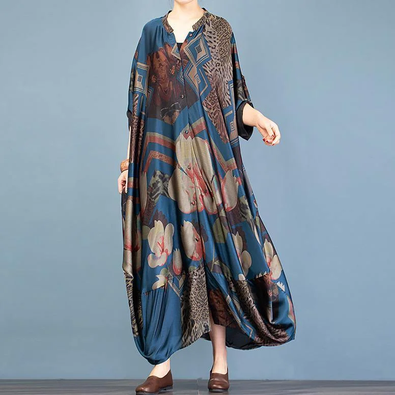 Vintage blue print oversize stand collar Batwing Sleeve cardigan coat