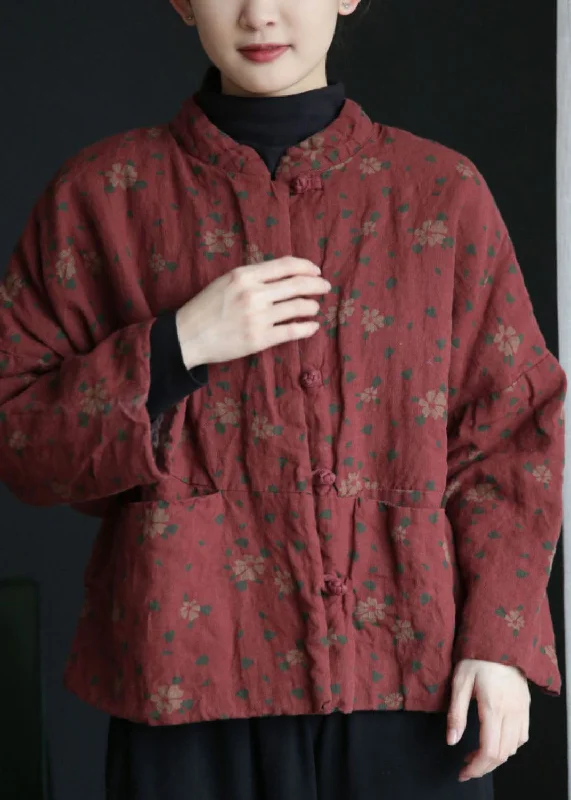 Vintage Brick Red Stand Collar Print Cotton Filled Jackets Winter