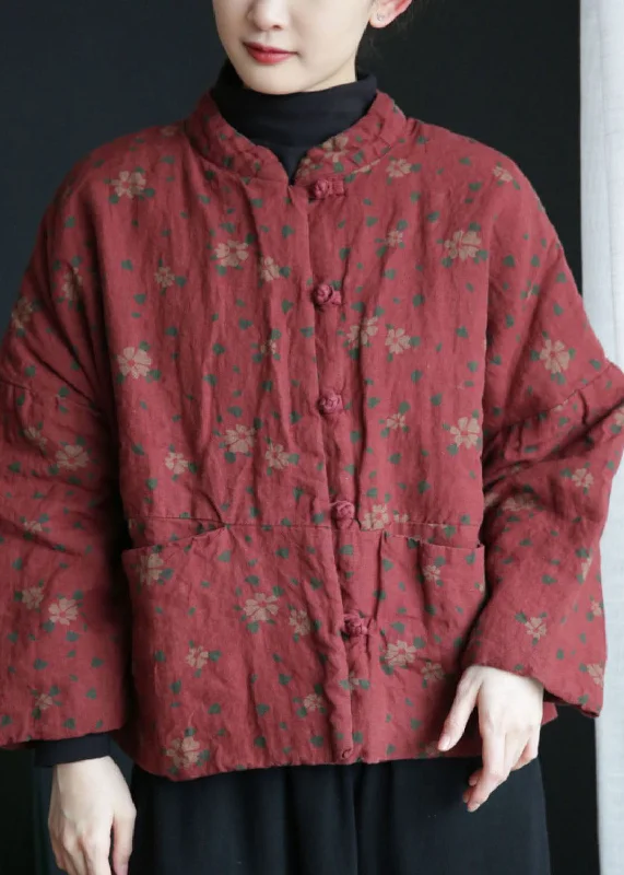 Vintage Brick Red Stand Collar Print Cotton Filled Jackets Winter