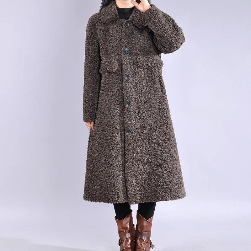 vintage chocolate Wool jackets trendy plus size lapel Button long coats