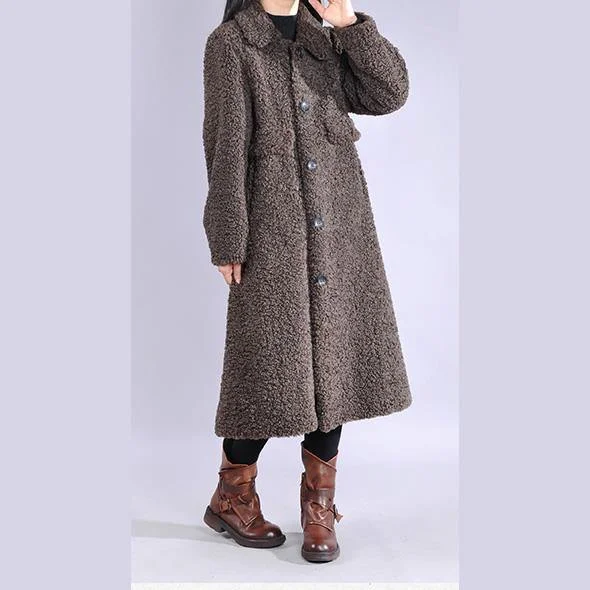 vintage chocolate Wool jackets trendy plus size lapel Button long coats