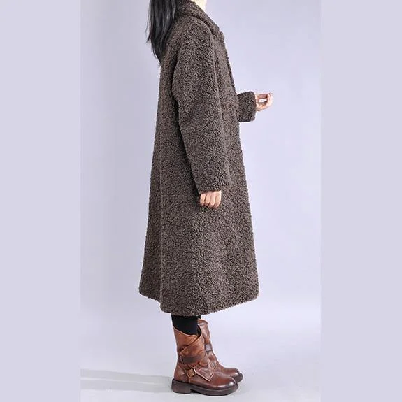 vintage chocolate Wool jackets trendy plus size lapel Button long coats