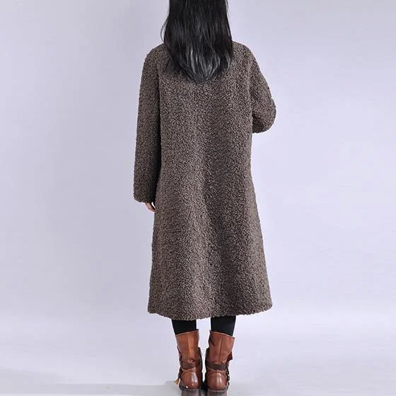 vintage chocolate Wool jackets trendy plus size lapel Button long coats