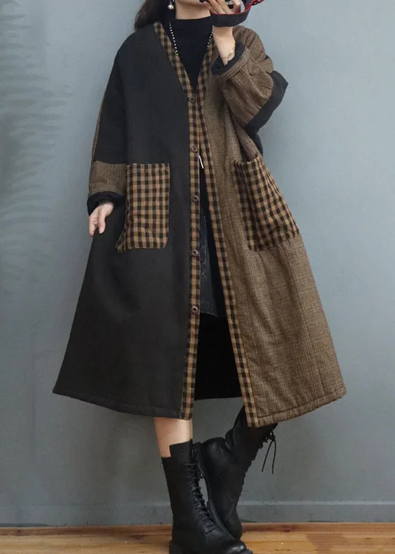 Vintage Coffee Plaid Pockets Patchwork Thick Long Coat Fall