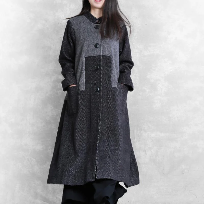 vintage dark gray woolen overcoat plus size long coat outwear stand collar patchwork