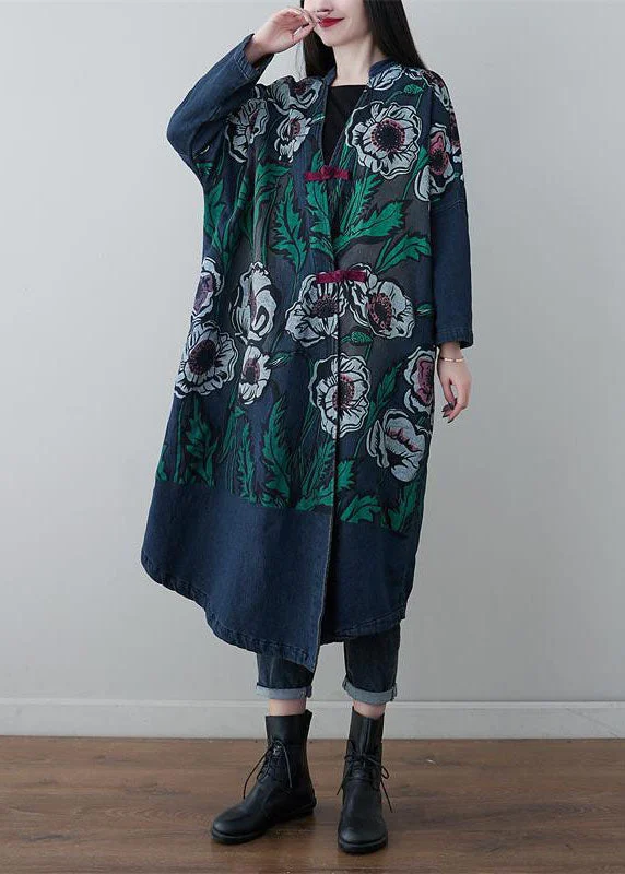 Vintage Denim Blue V Neck Patchwork Print Cotton Coats Spring