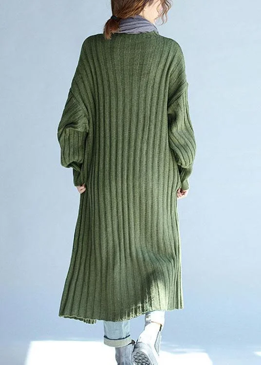 Vintage Green V Neck lantern sleeve Fall Knit Long sweaters Coat