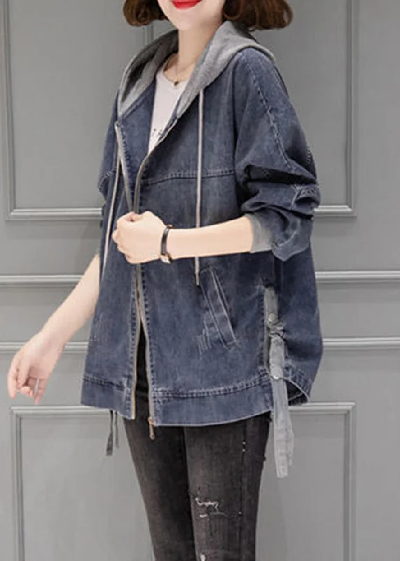 Vintage Grey Blue Patchwork Drawstring Hooded Denim Coat Fall