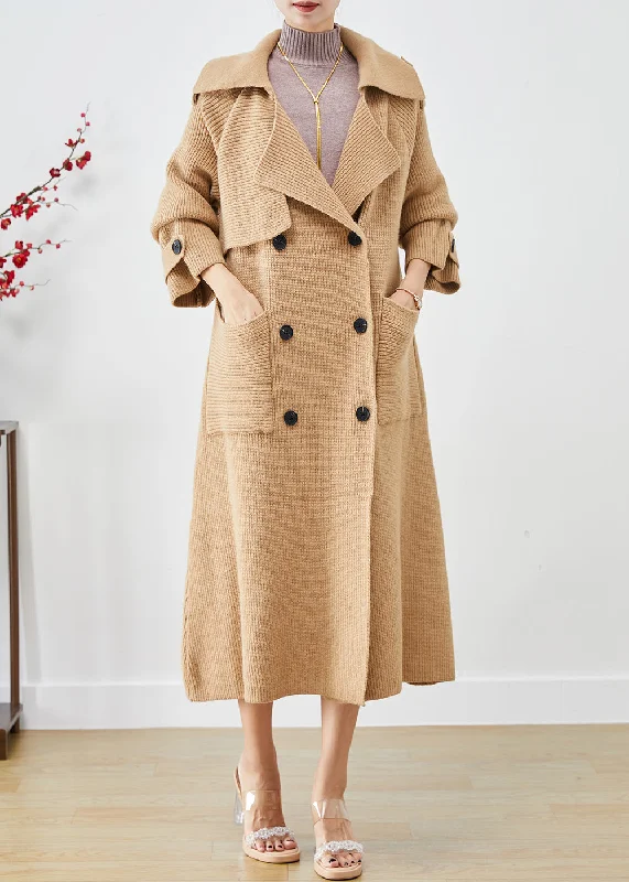 Vintage Khaki Double Breast Pockets Knit Trench Coats Fall