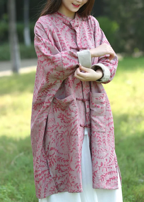 Vintage Pink Batwing Sleeve Oriental Button Pockets Print Cotton Coat