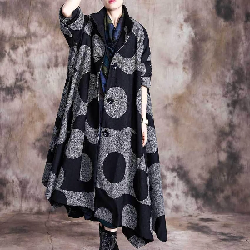 vintage plus size Jackets & Coats stand collar outwear gray dotted asymmetric wool coat for woman