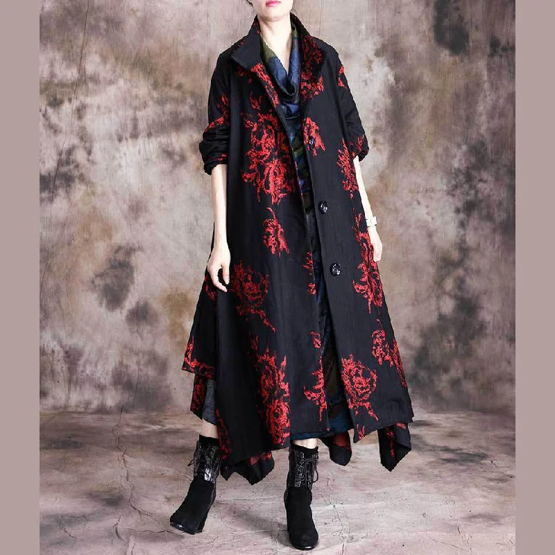 vintage red floral wool coat for woman plus size Jackets & Coats stand collar outwear asymmetric