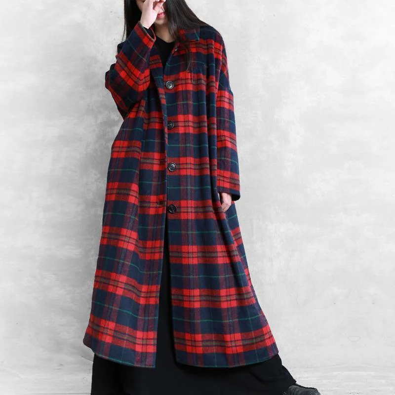 vintage red plaid wool overcoat plus size Winter coat woolen Notched pockets outwear