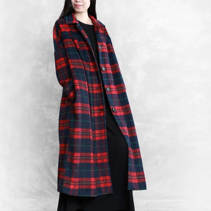 vintage red plaid wool overcoat plus size Winter coat woolen Notched pockets outwear