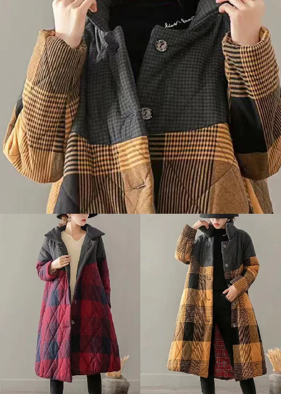 Vintage Red Pockets Plaid Patchwork Fine Cotton Filled Coats Winter