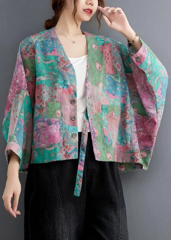 Vintage V Neck Button Pockets Print Fall Coats Long sleeve