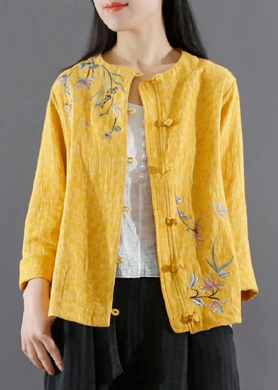 Vintage Yellow Embroideried Button Patchwork Cotton Coats Fall