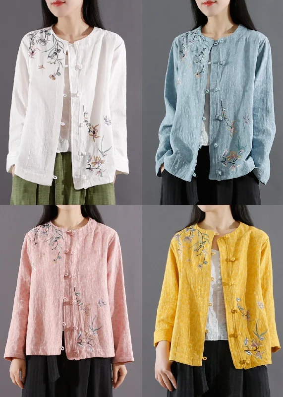 Vintage Yellow Embroideried Button Patchwork Cotton Coats Fall