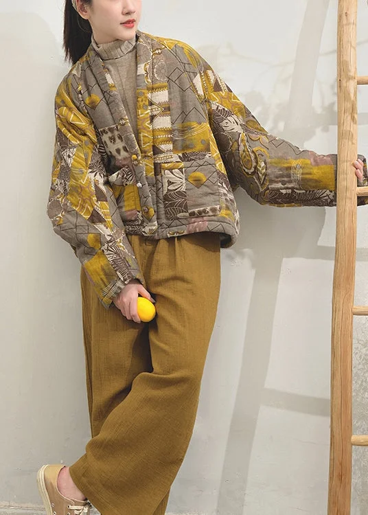 Vintage Yellow Print Pockets Patchwork Fine Cotton Filled Jackets Batwing Sleeve