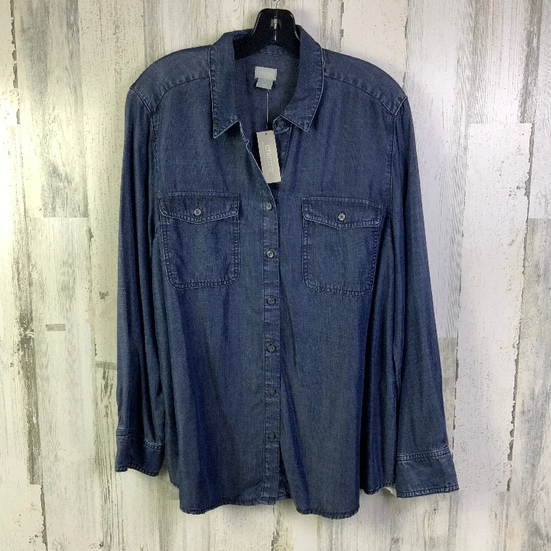 Blouse Long Sleeve By Chicos In Blue Denim, Size: Xl