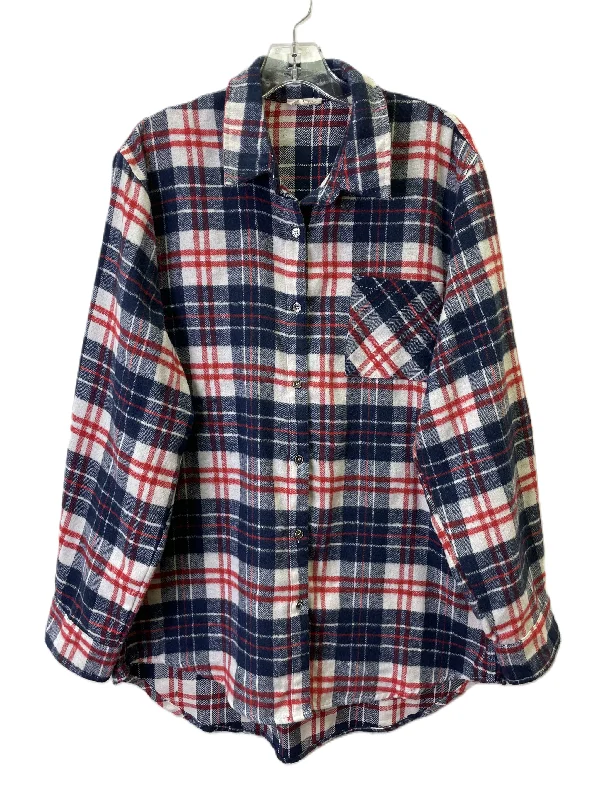 Blouse Long Sleeve By La Miel In Plaid Pattern, Size: L