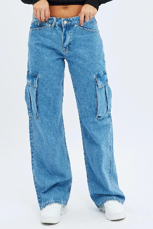 Denim Cargo Jeans Mid Rise Out Pocket