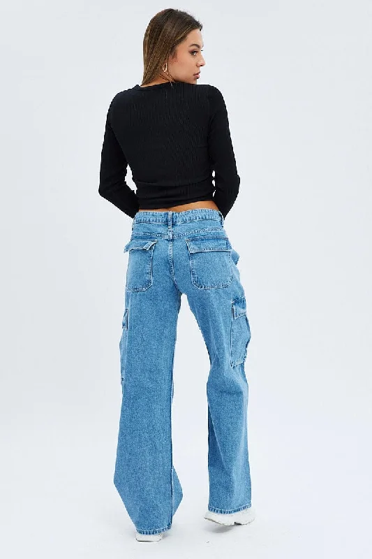 Denim Cargo Jeans Mid Rise Out Pocket