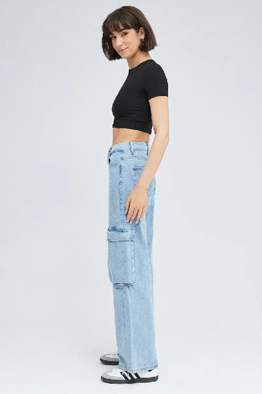 Denim Cargo Jeans Mid Rise Pocket