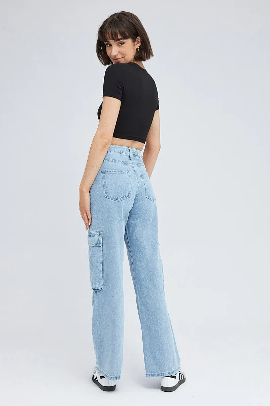 Denim Cargo Jeans Mid Rise Pocket