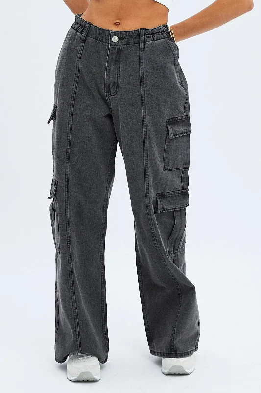 Grey Cargo Jeans Mid Rise Out Pocket