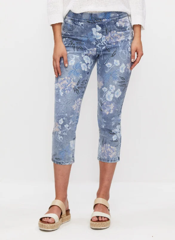 Pull-On Floral Print Denim Capris