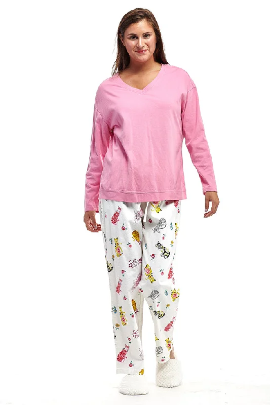 Pink Flannel Cat Print Pajama Set