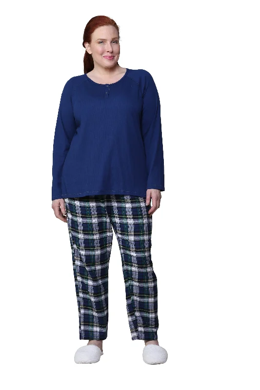 Cotton Knit Top With Flannel Pajama Set - Plus Size