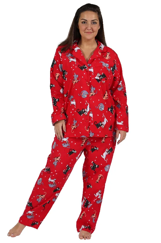 Red Flannel Cat Print Plus Size Pajama Set