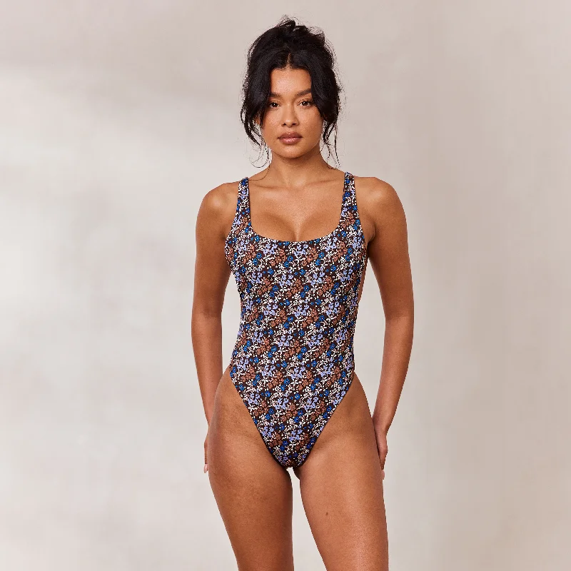 Reversible High Leg Swimsuit - Brown/Floral